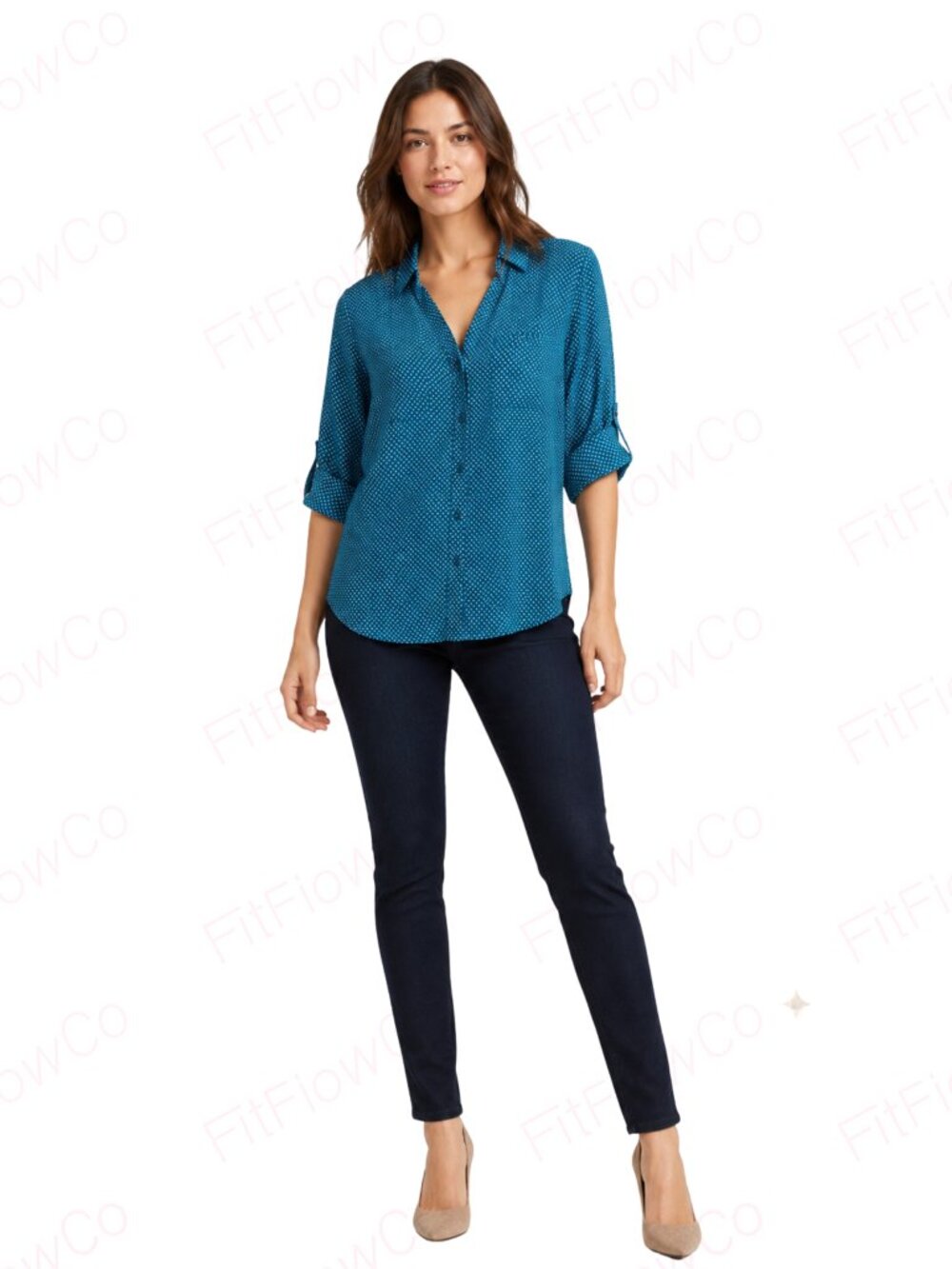 Express Teal Polka Dot Button Up Shirt Sz S Roll Tab Sleeves 100% Polyester